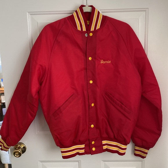 Vintage 80’s Butwin Nylon Cheerleading Jacket - Red Yellow Bomber Retro - Picture 2 of 11